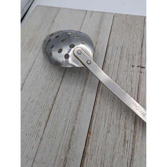 Stainless Steel Serving Slotted Spoon 12 3/4" Vintage White Fruit Veggie Handle - Picture 6 of 8